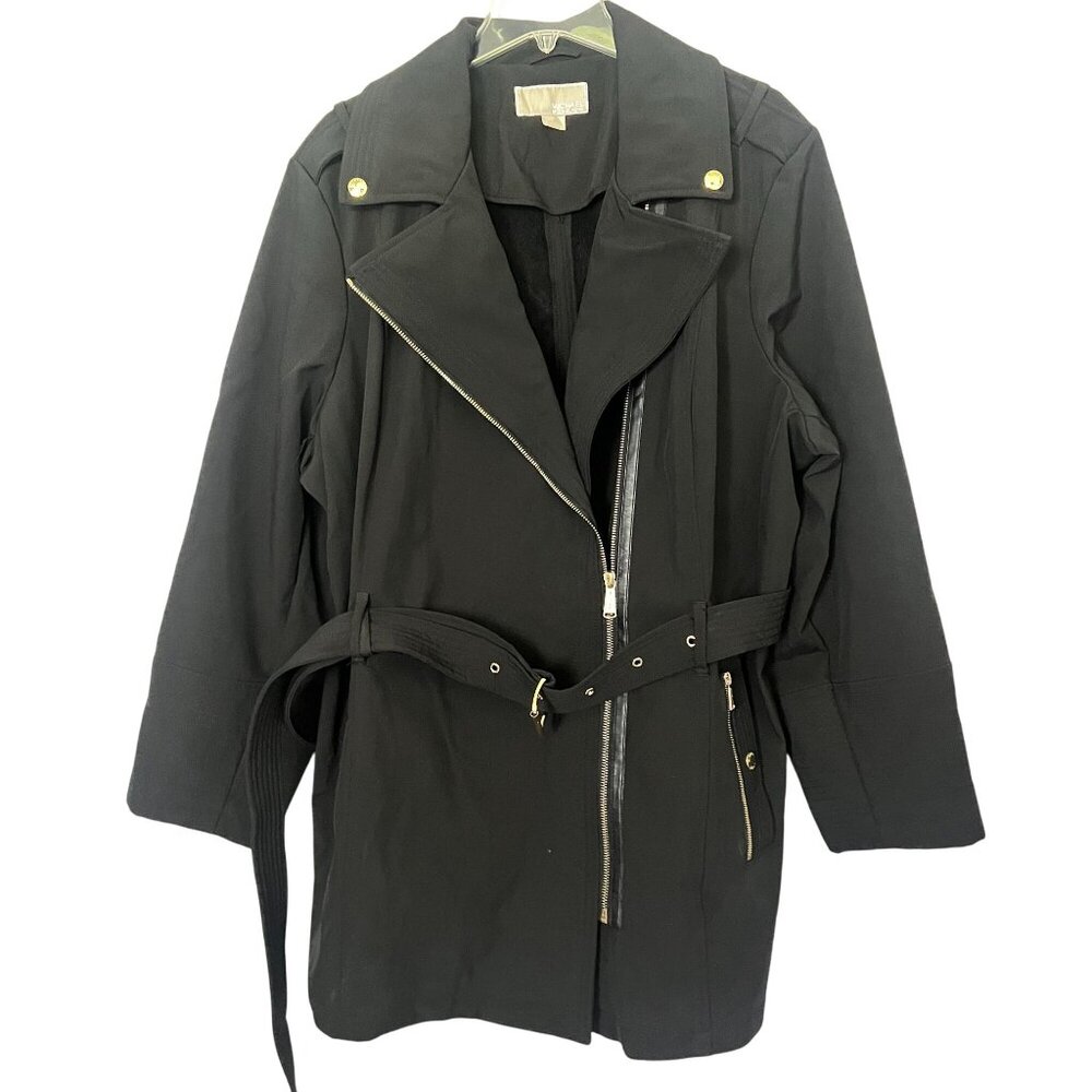 Michael Kors Womens‎ Black Belted Trench Coat 2X Gold Buttons & Zipper Accents